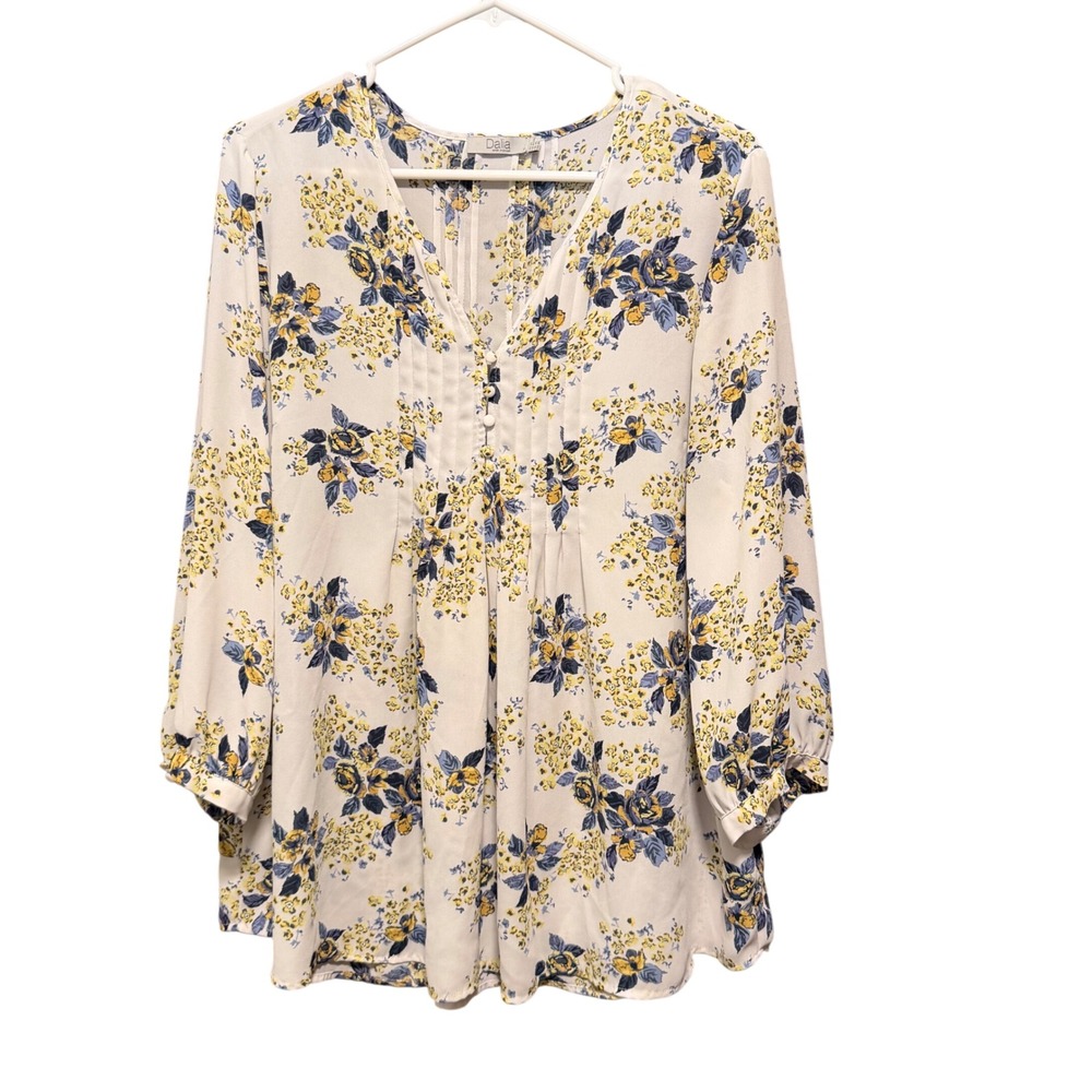 Dalia Womens XL Floral V-Neck Pintuck Peasant Blouse White Blue Yellow X-Large